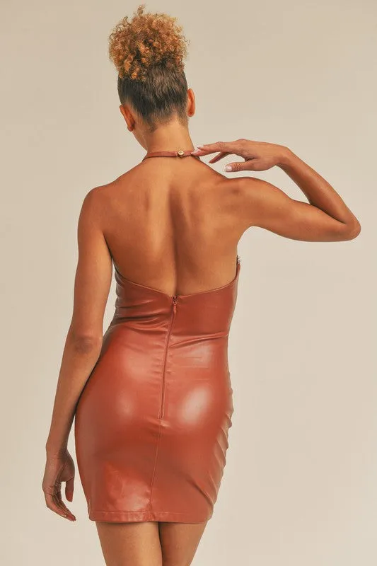 Camel Vegan Leather Halter Mini-Dress