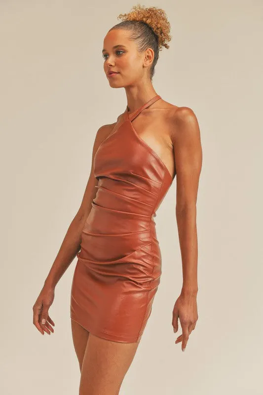 Camel Vegan Leather Halter Mini-Dress