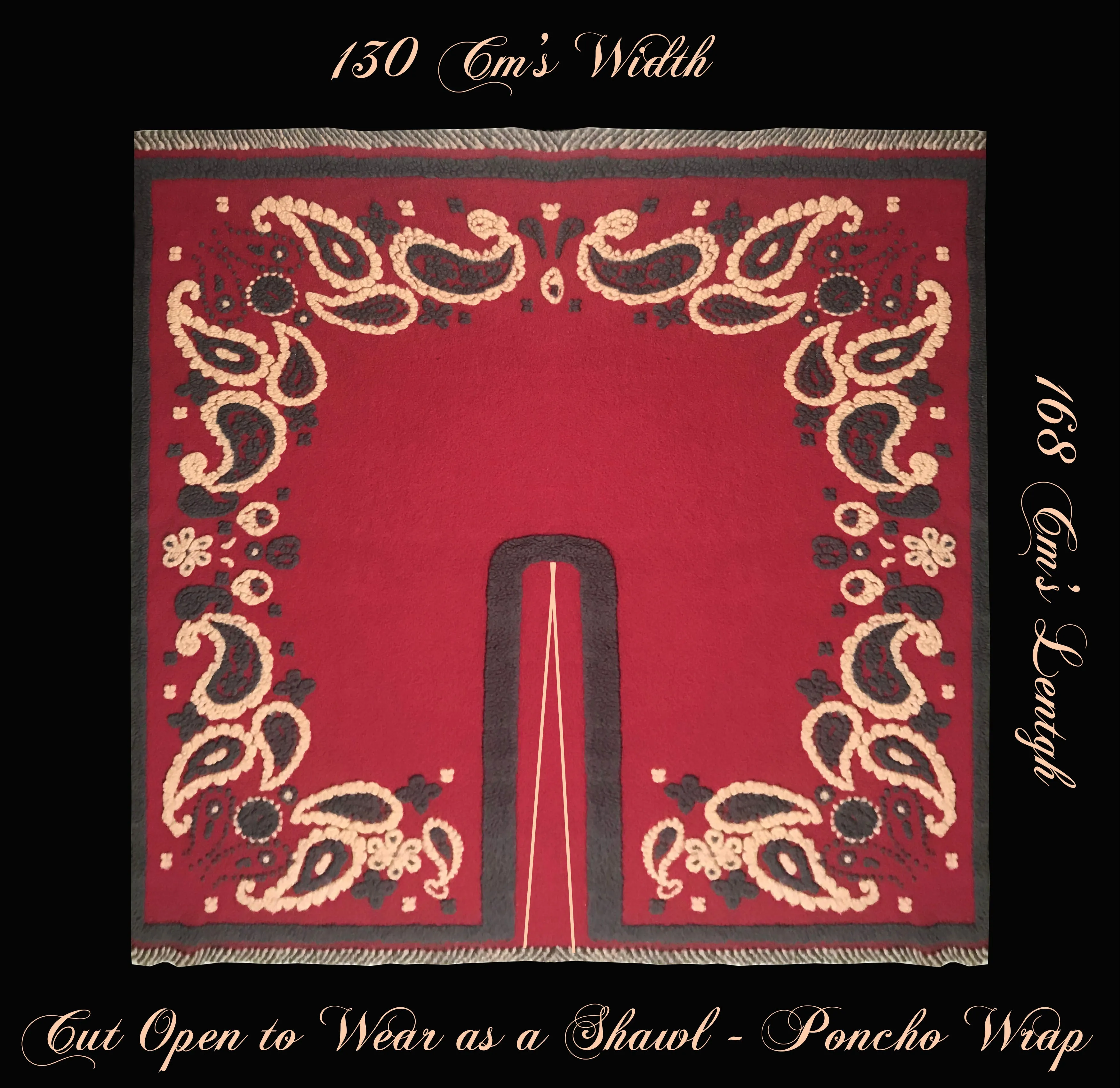 Charcoal Grey and Beige Paisleys on Marron Background- Italian Woolen Shawl/Poncho -  168 L x 138 xm W.
