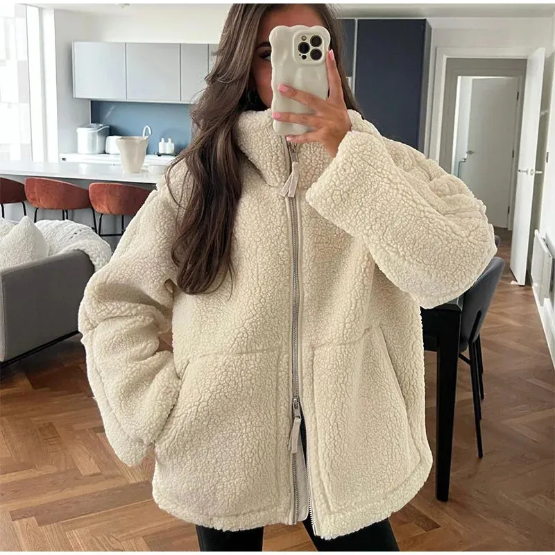 Chic Sherpa lambs wool fleece shearling jacket autumn coat winter warm jacket
