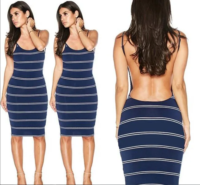 Clearance Backless Stripe Knee Length Bodycon Dress