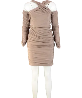 Club L Beige Elodie  Mocha Off Shoulder Bodycon Ruched Midi Dress UK 10