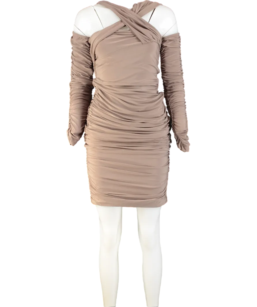 Club L Beige Elodie  Mocha Off Shoulder Bodycon Ruched Midi Dress UK 10
