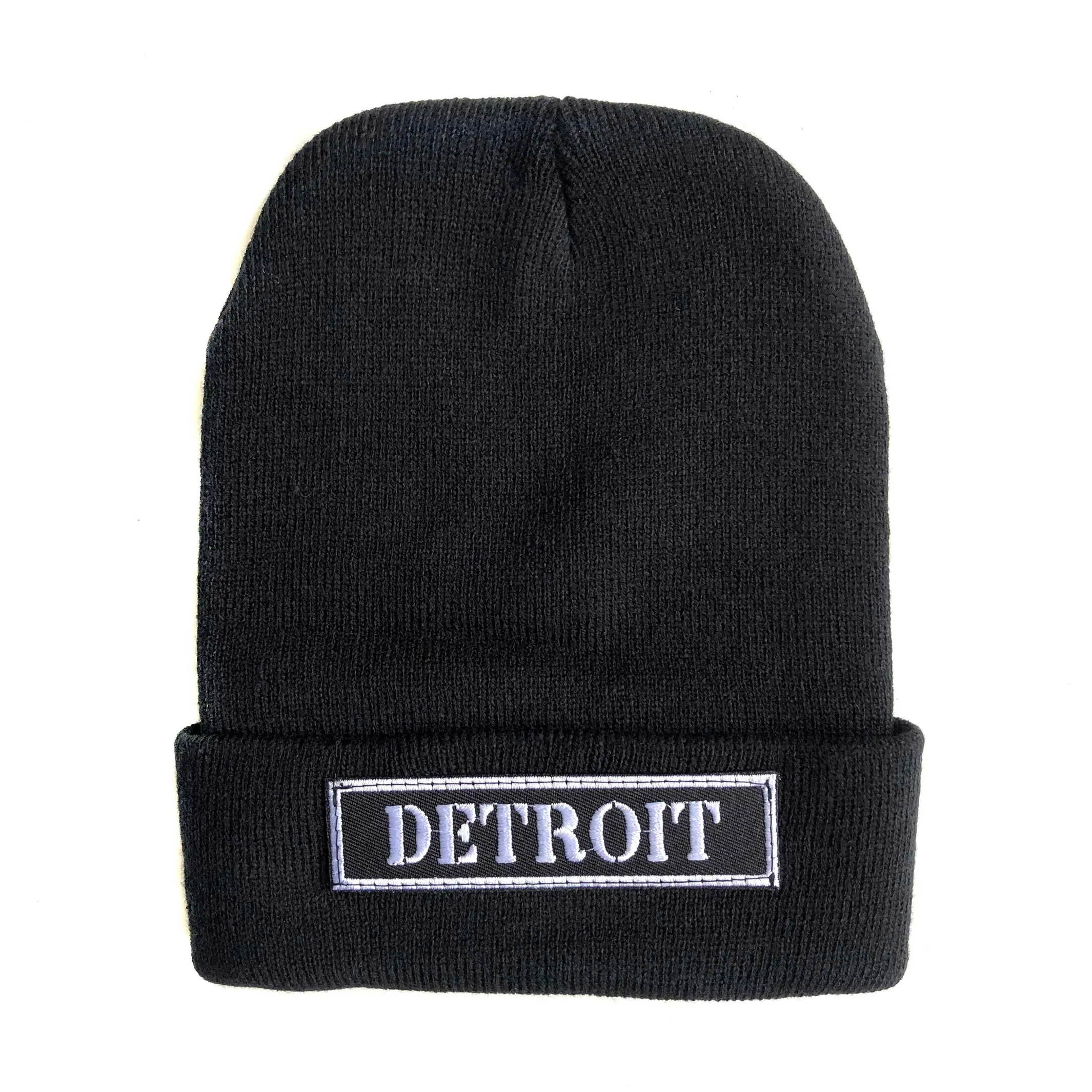 Detroit Beanie, Biker Style Patch Beanie Cap. Black with cuff
