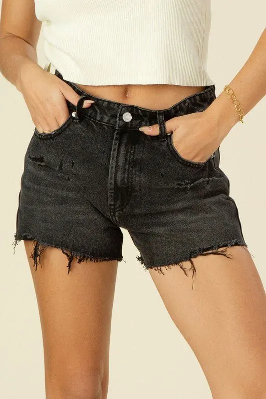 Distressed Black Denim Shorts