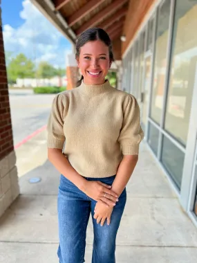 Don't Waste Your Chance Taupe Short Puff Sleeve Mock Neck Top