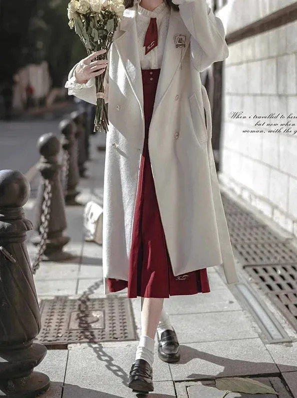 Double-Breasted Wool Cocoon White Elegant Coat College