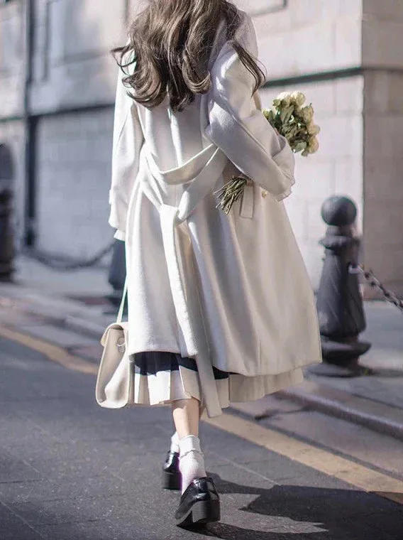 Double-Breasted Wool Cocoon White Elegant Coat College
