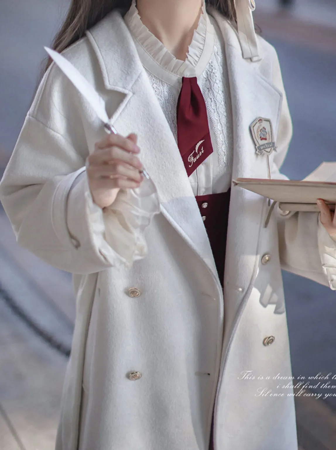 Double-Breasted Wool Cocoon White Elegant Coat College