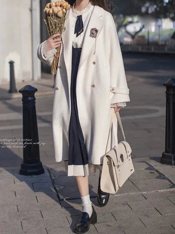 Double-Breasted Wool Cocoon White Elegant Coat College