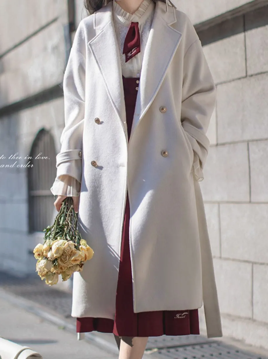 Double-Breasted Wool Cocoon White Elegant Coat College
