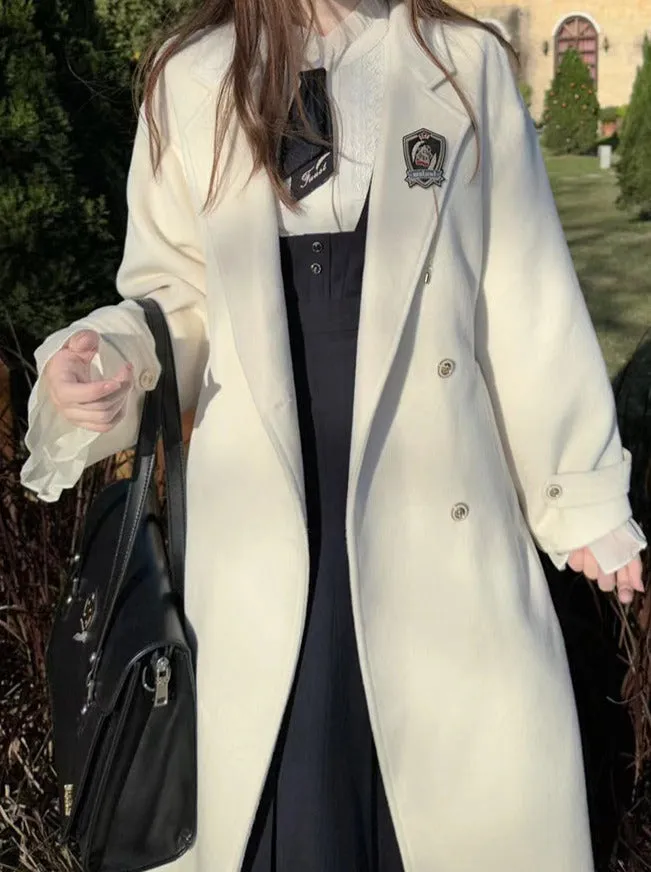 Double-Breasted Wool Cocoon White Elegant Coat College