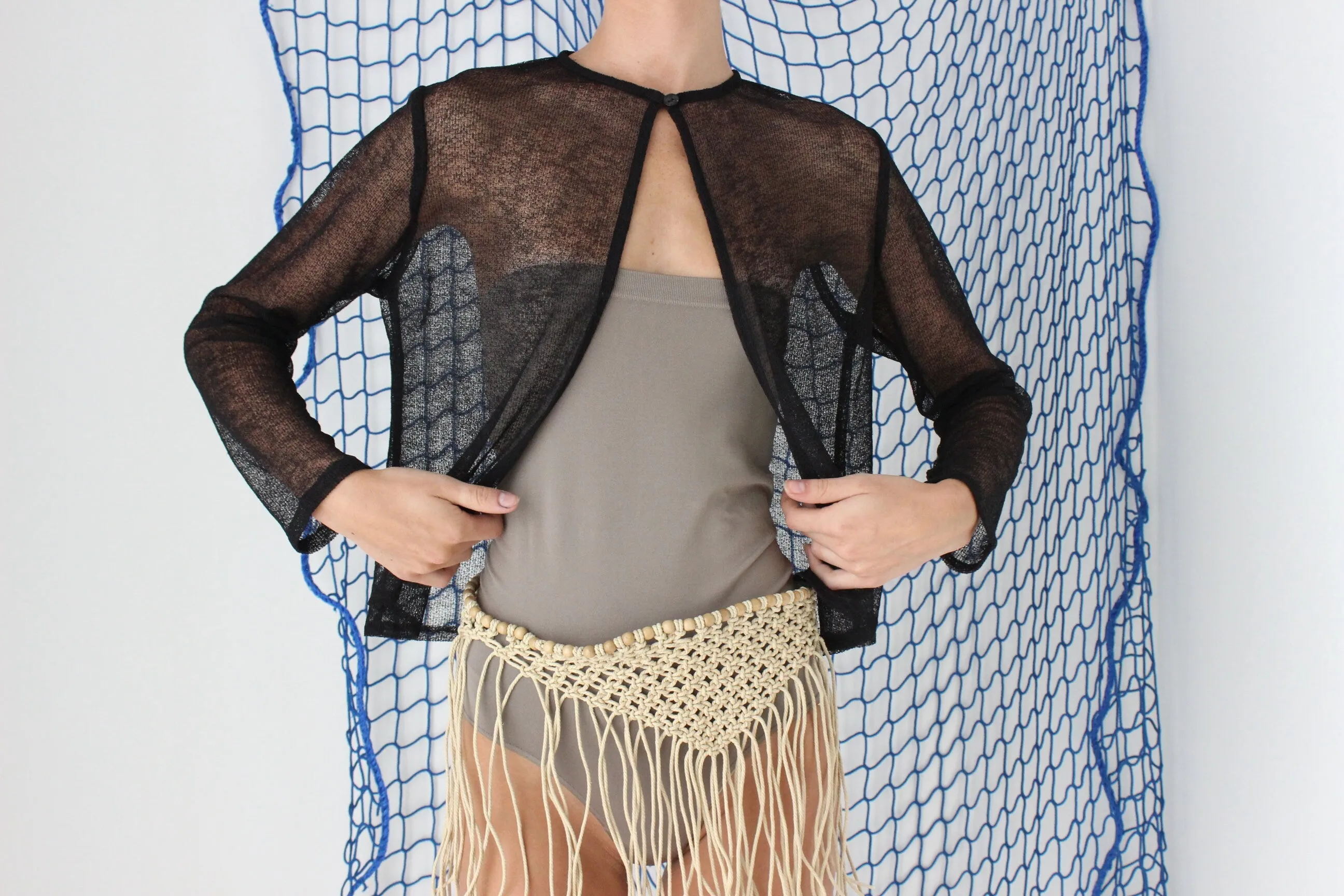 FOUND IN GREECE 90s Sheer Black Mesh Knit Cardigan Top