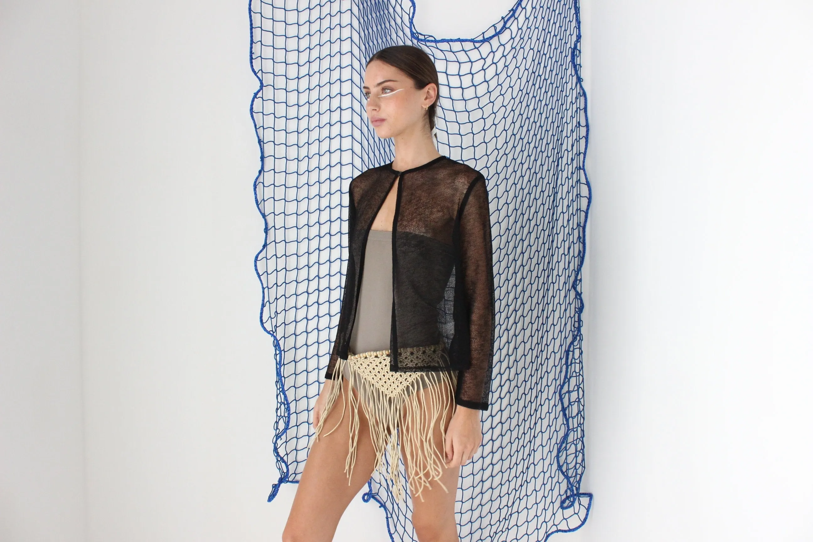FOUND IN GREECE 90s Sheer Black Mesh Knit Cardigan Top