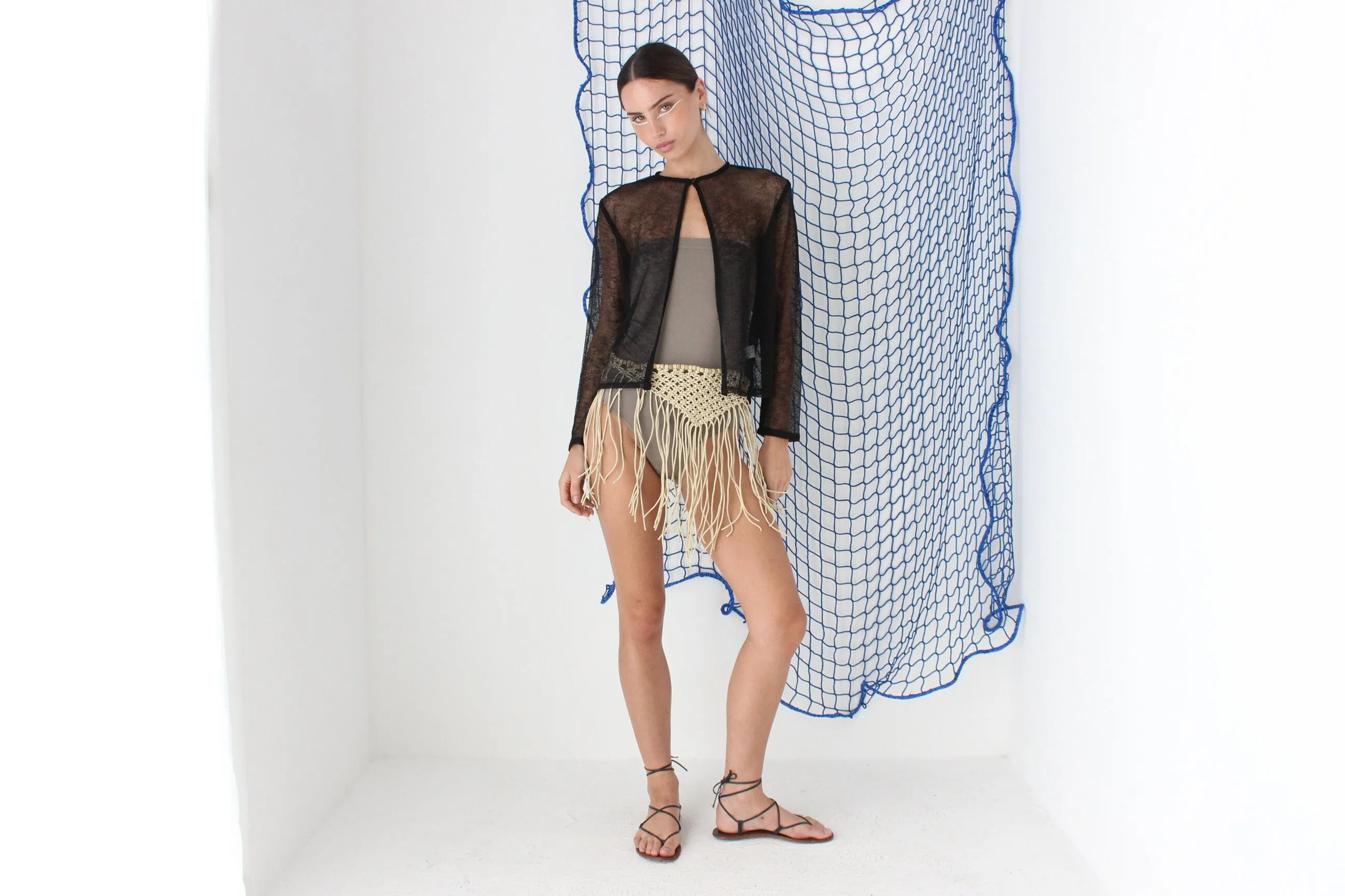 FOUND IN GREECE 90s Sheer Black Mesh Knit Cardigan Top