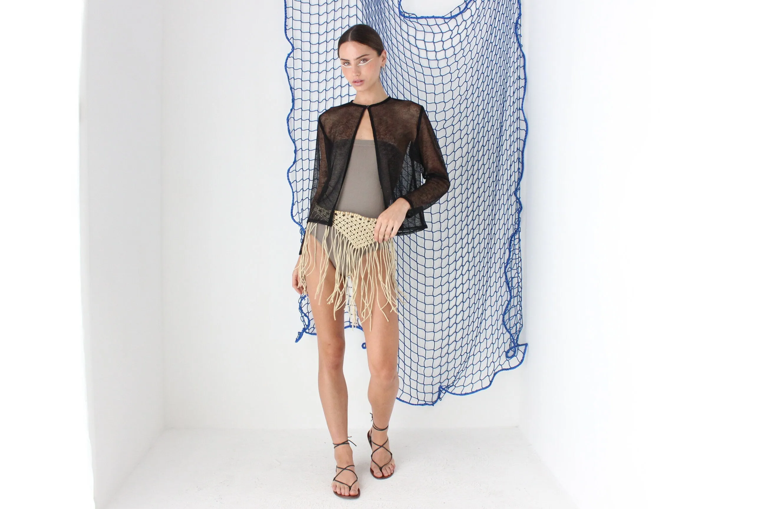 FOUND IN GREECE 90s Sheer Black Mesh Knit Cardigan Top