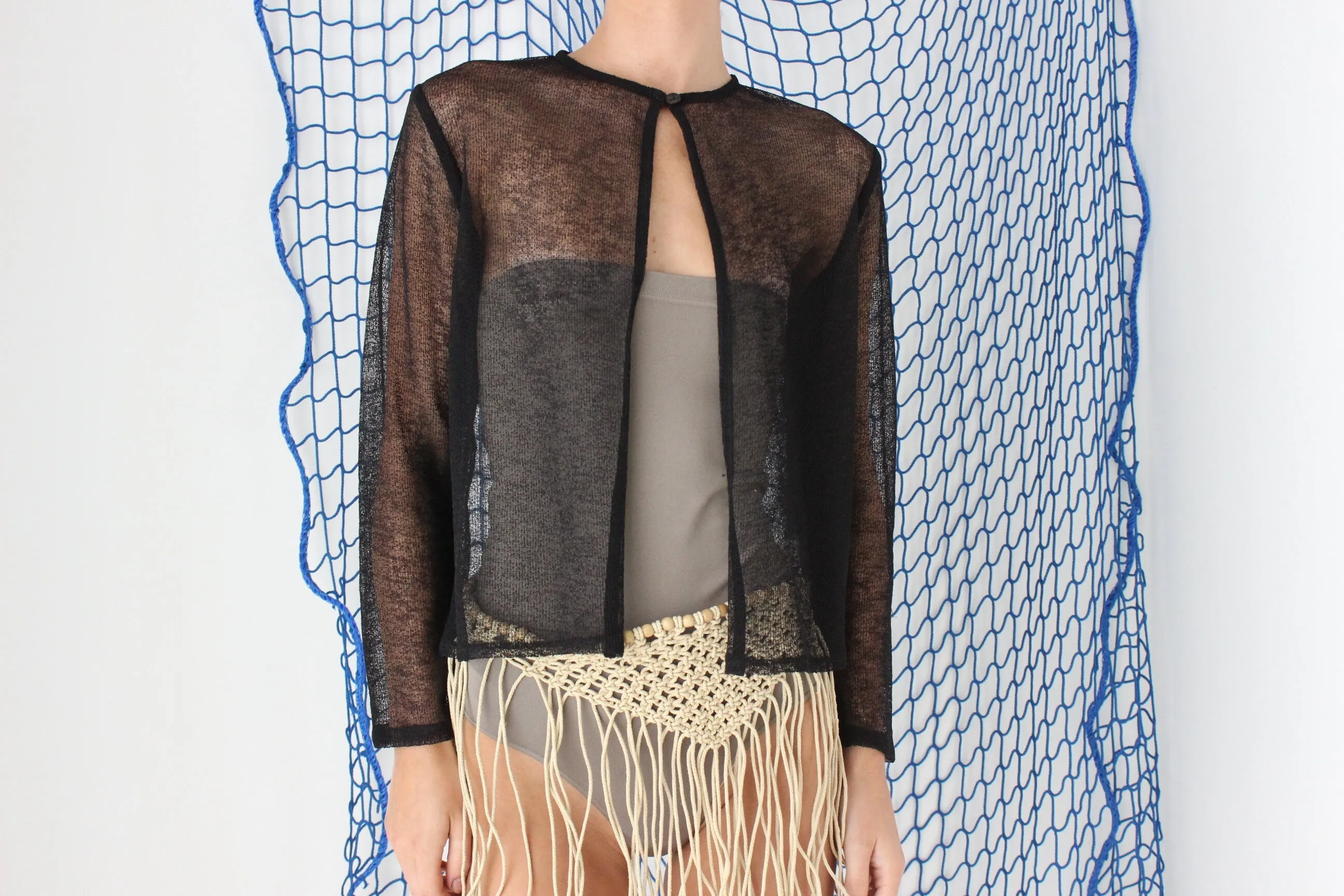 FOUND IN GREECE 90s Sheer Black Mesh Knit Cardigan Top