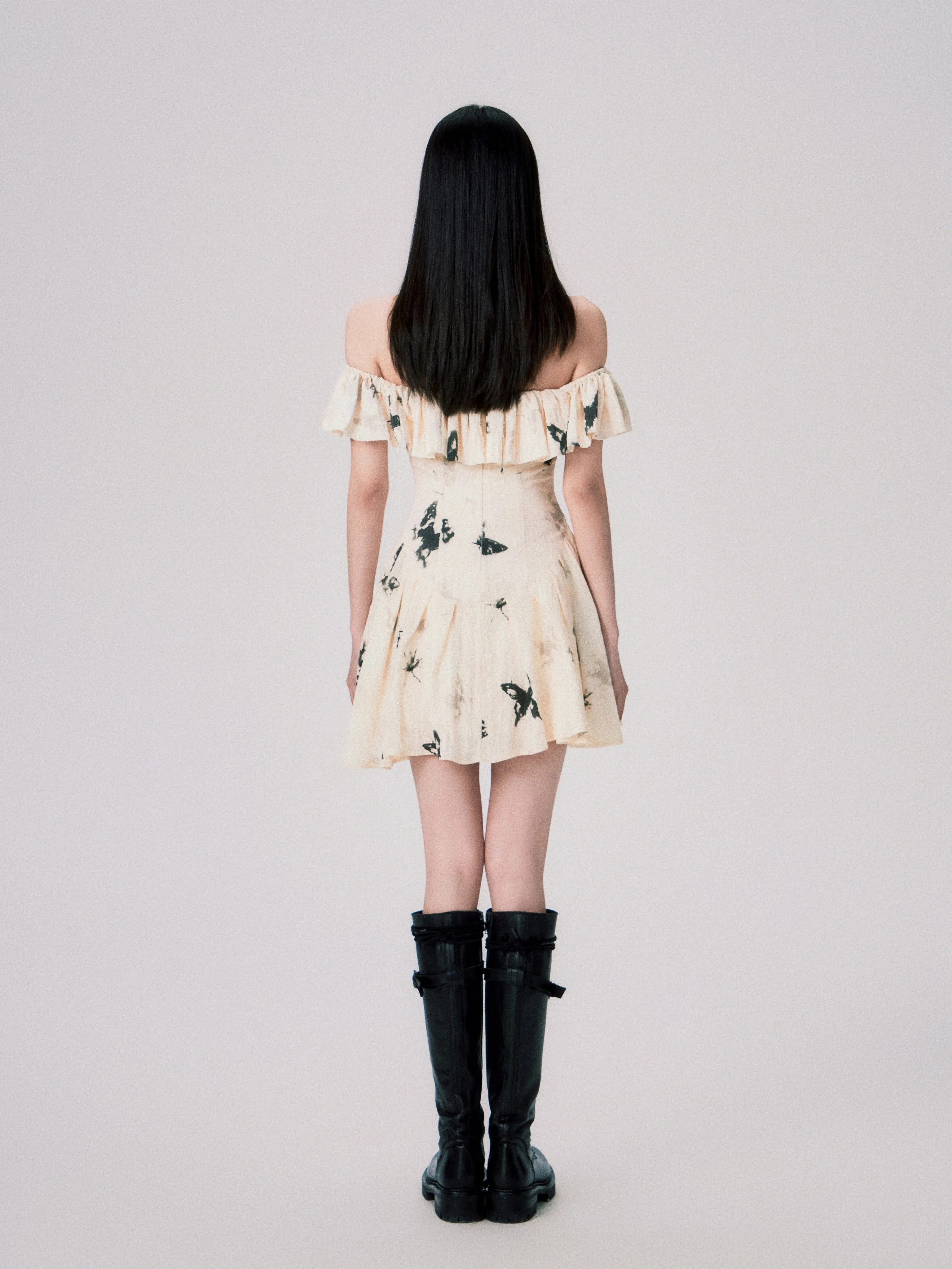 French Ink Butterfly Print Off-Shoulder Dress