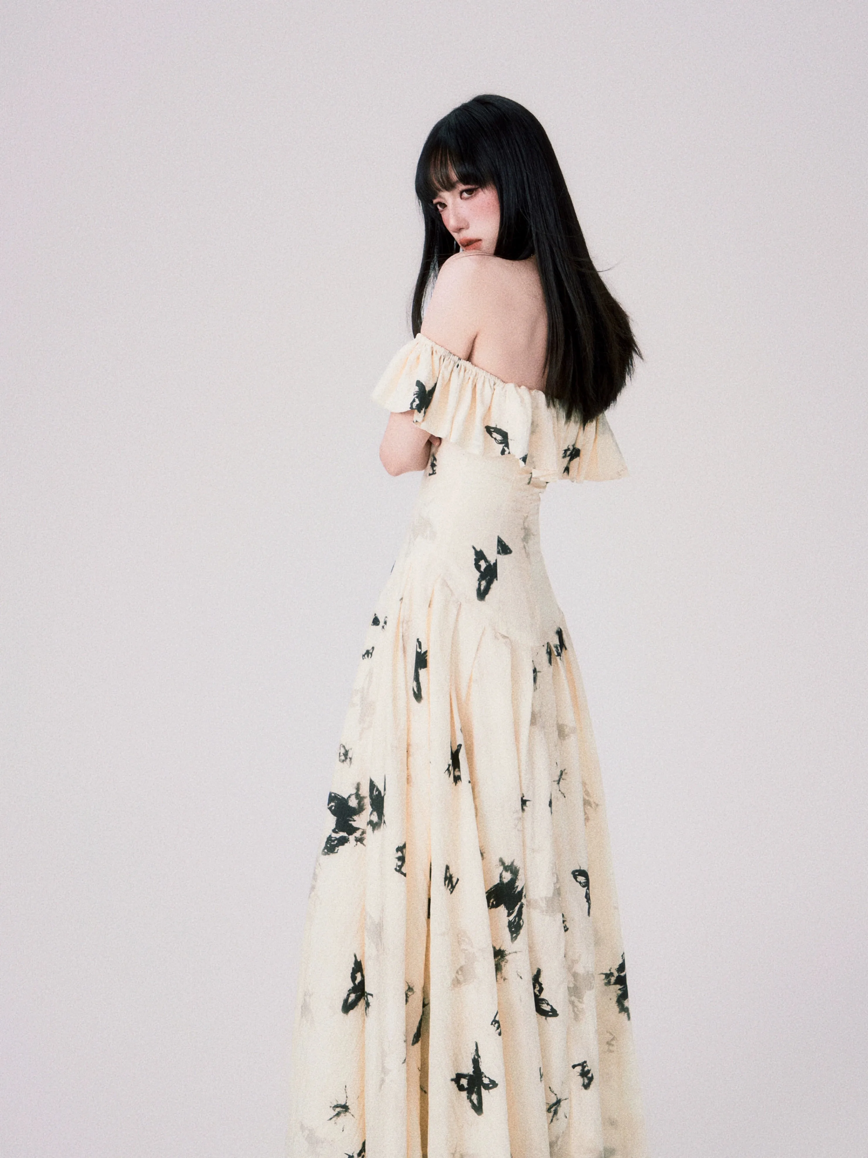 French Ink Butterfly Print Off-Shoulder Dress