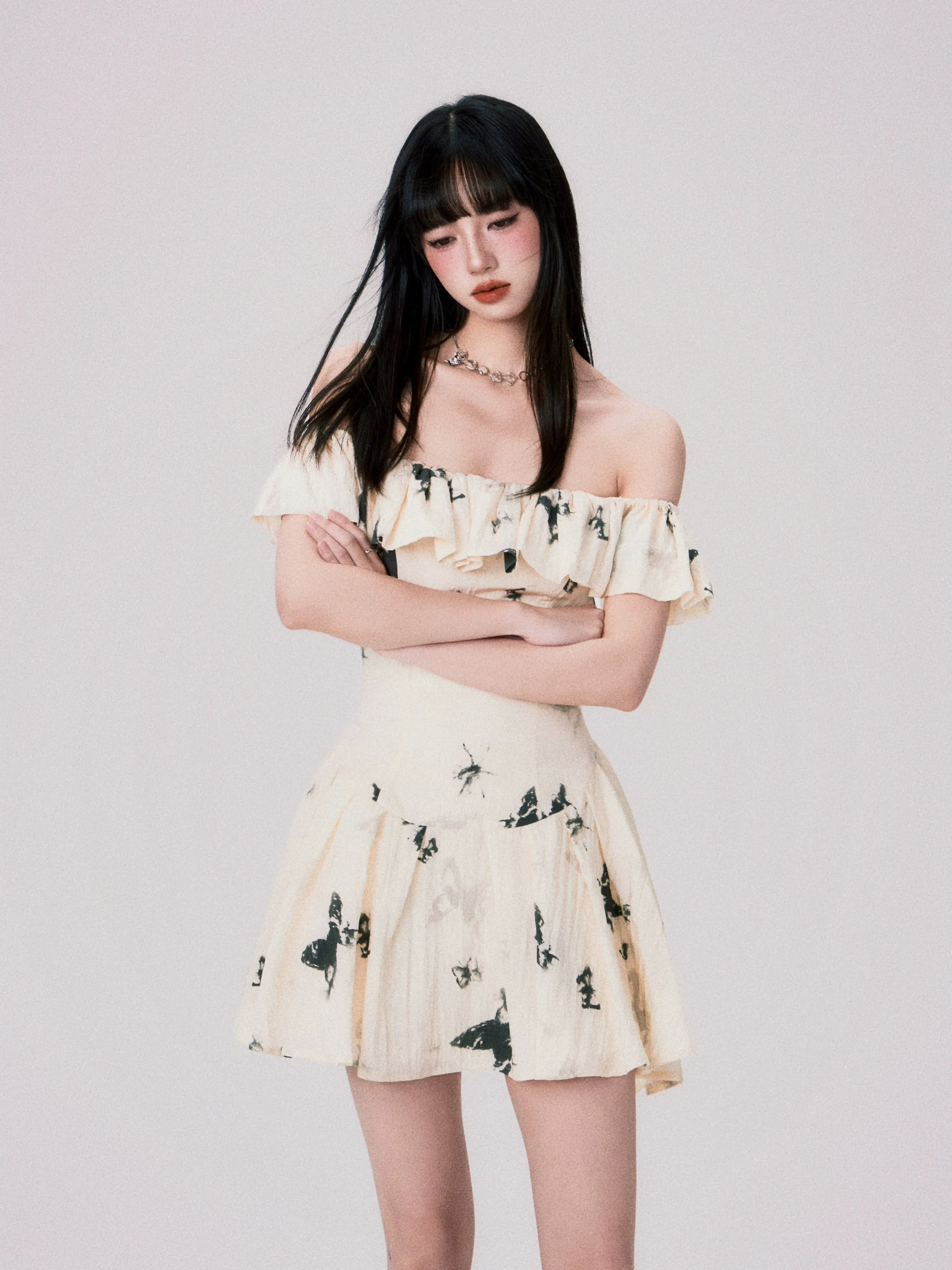 French Ink Butterfly Print Off-Shoulder Dress