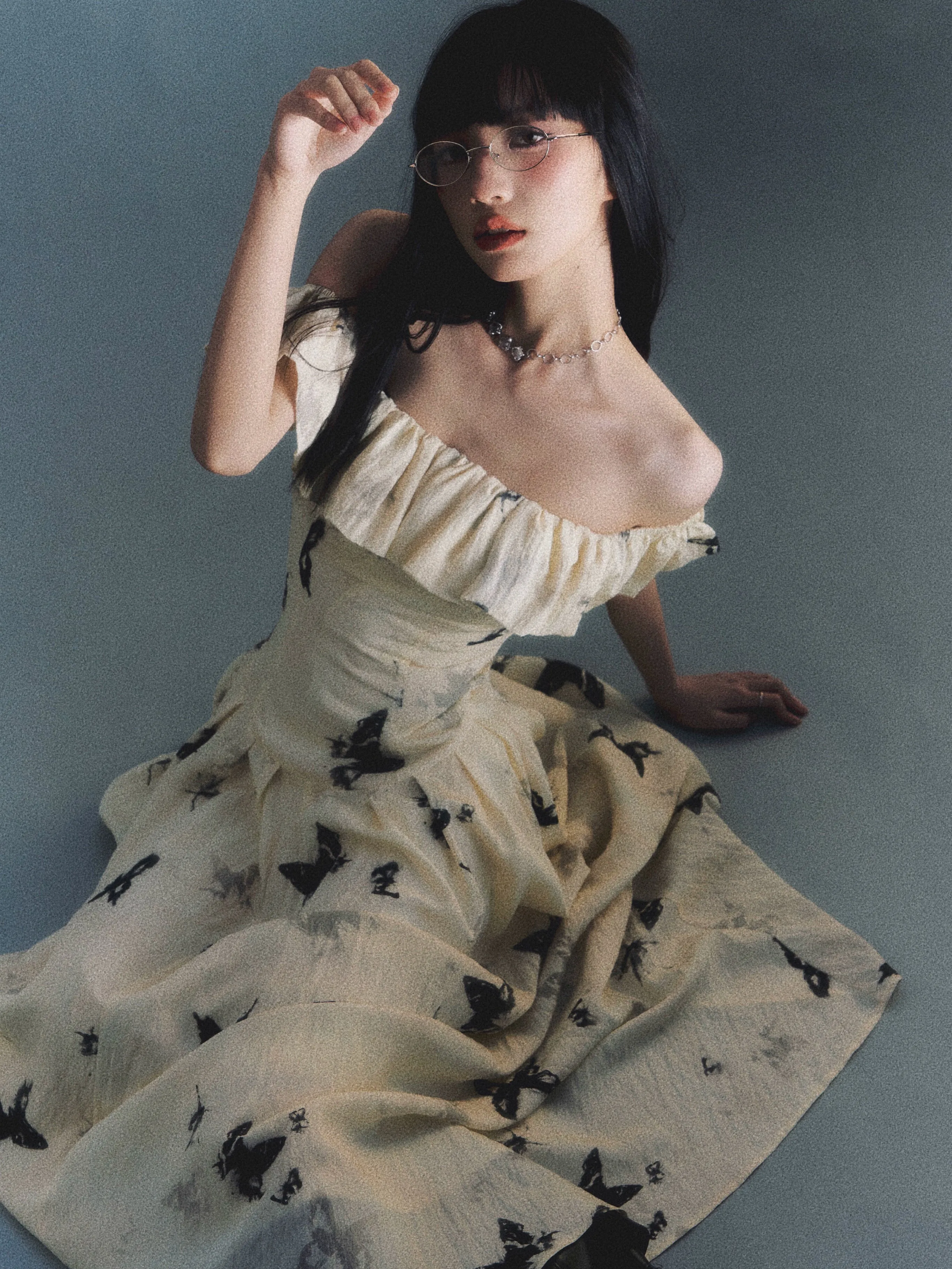 French Ink Butterfly Print Off-Shoulder Dress