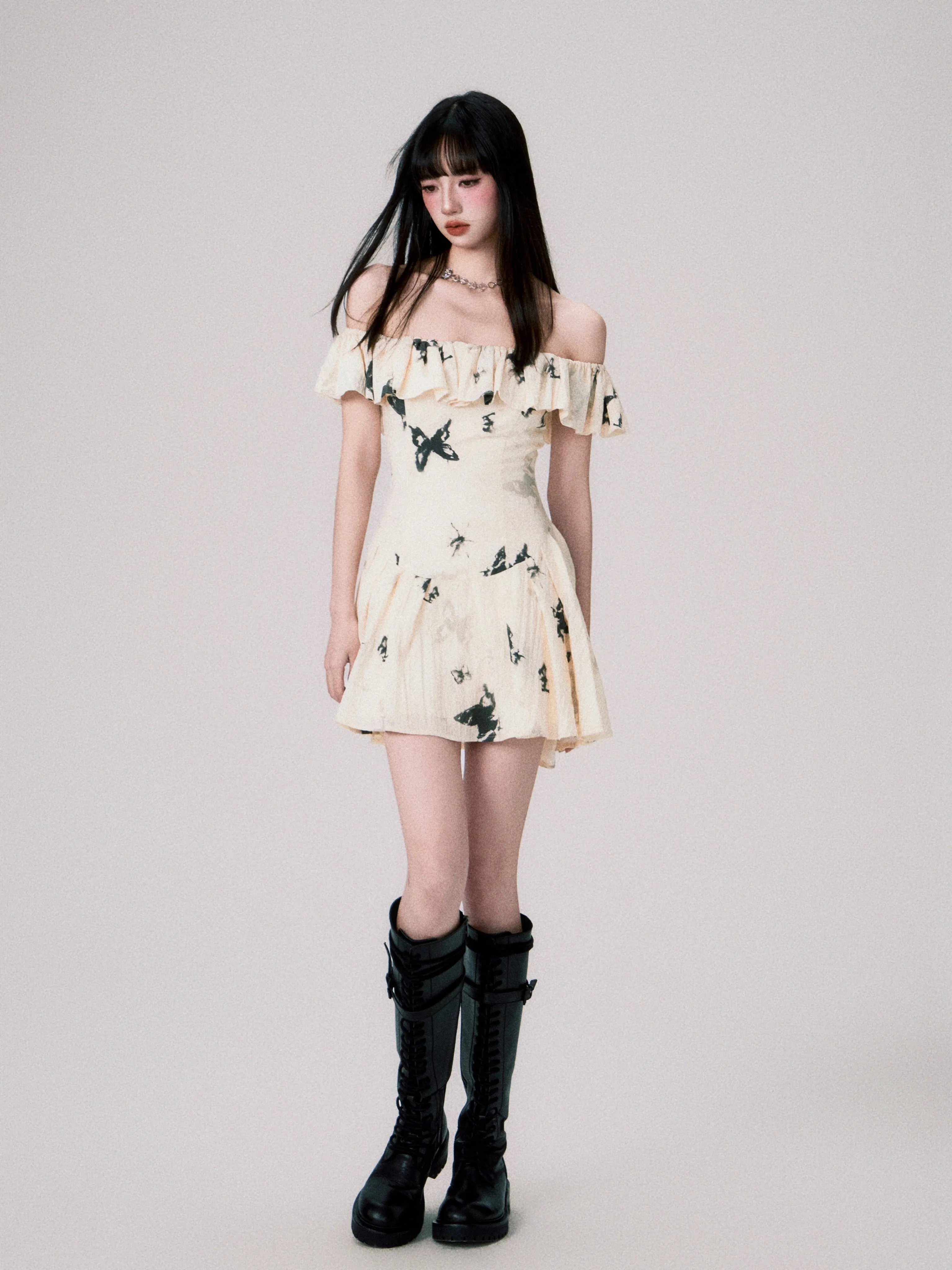 French Ink Butterfly Print Off-Shoulder Dress