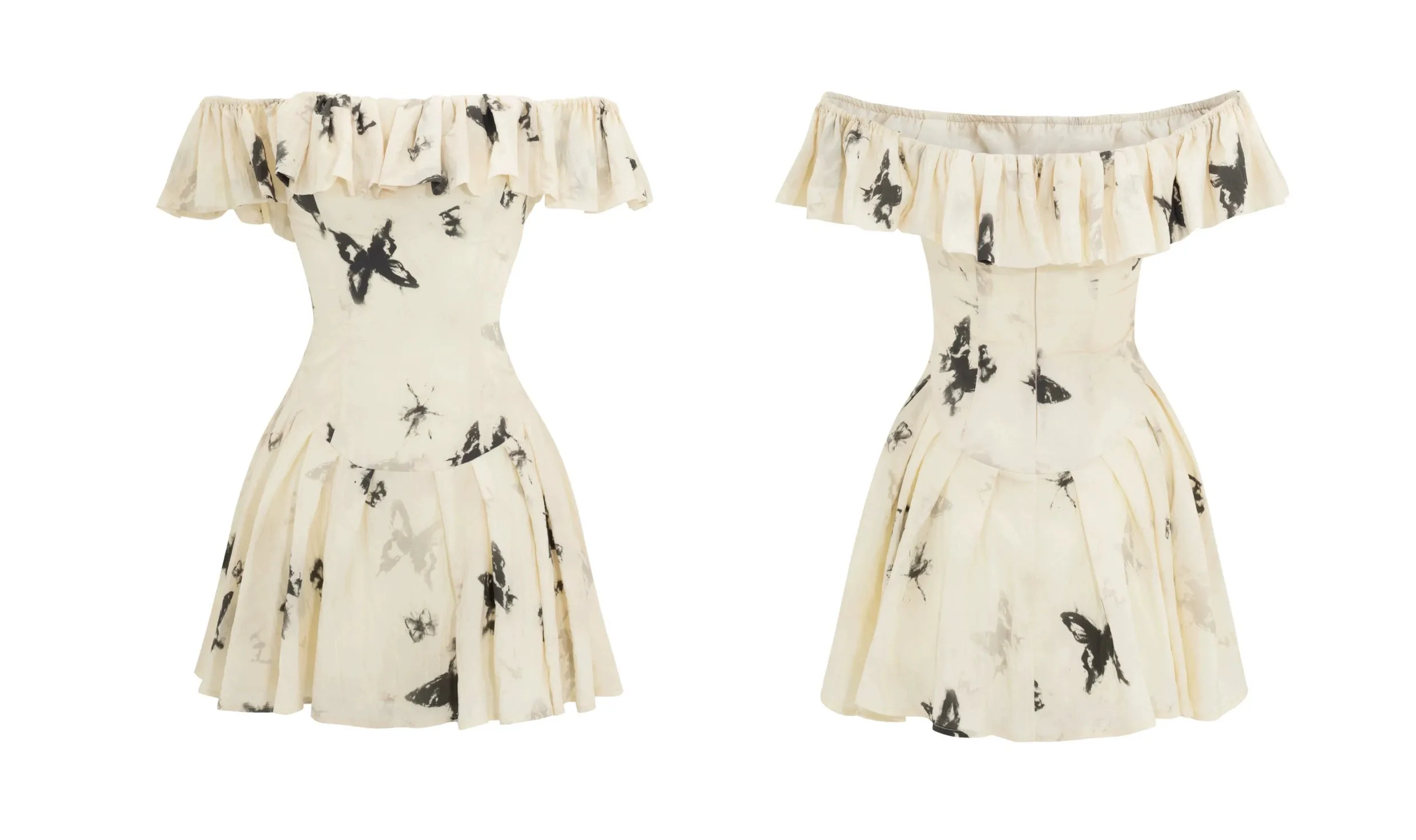 French Ink Butterfly Print Off-Shoulder Dress