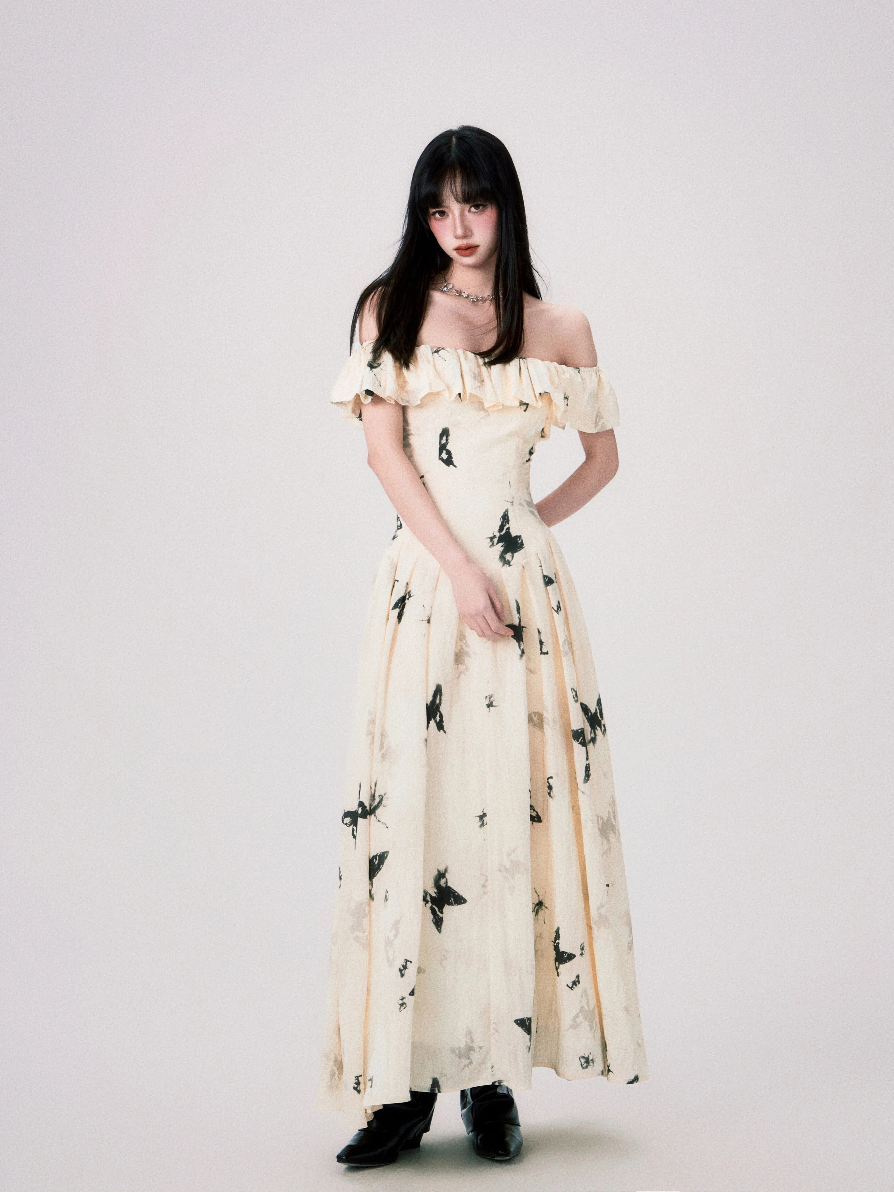French Ink Butterfly Print Off-Shoulder Dress