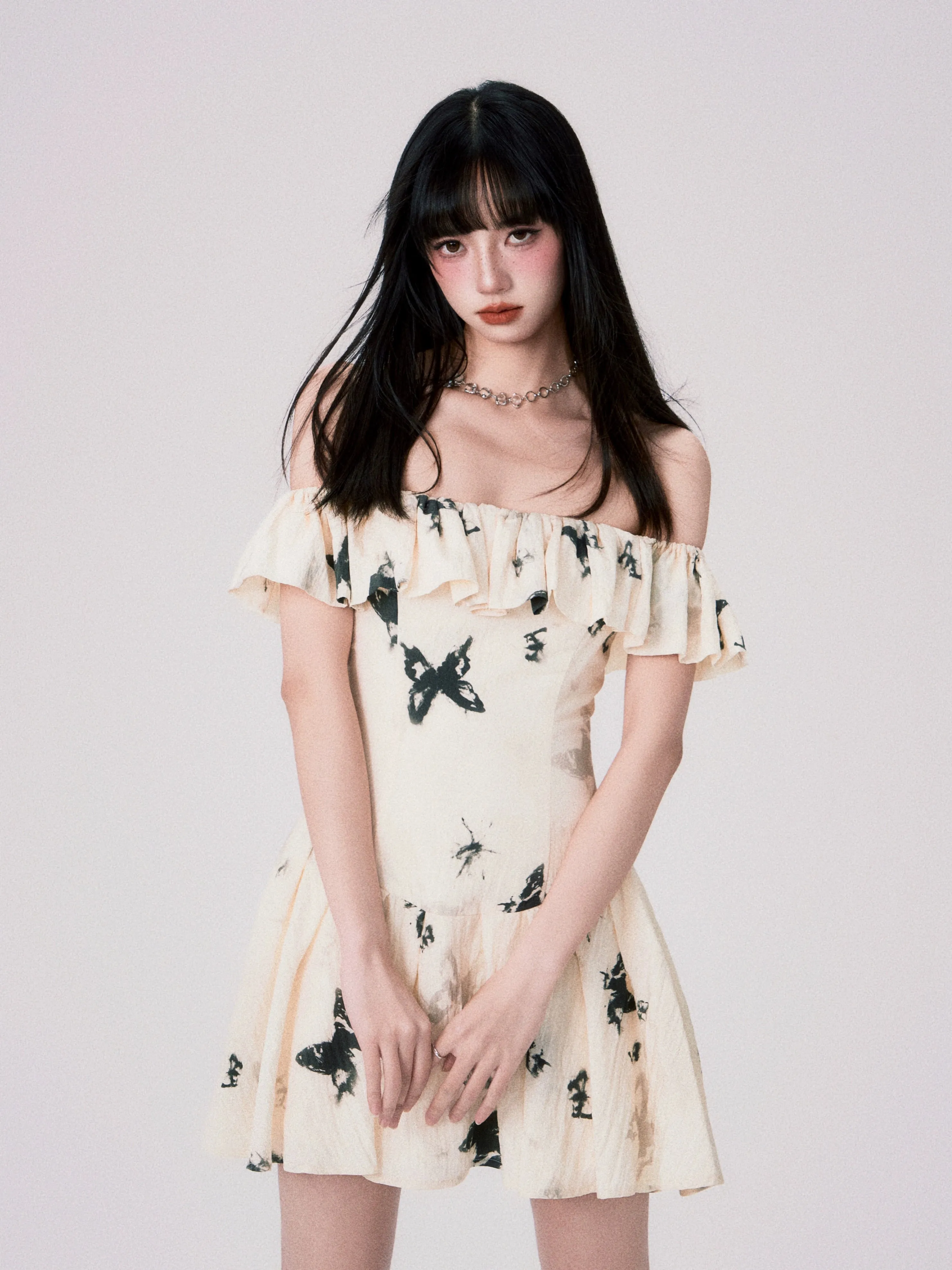 French Ink Butterfly Print Off-Shoulder Dress