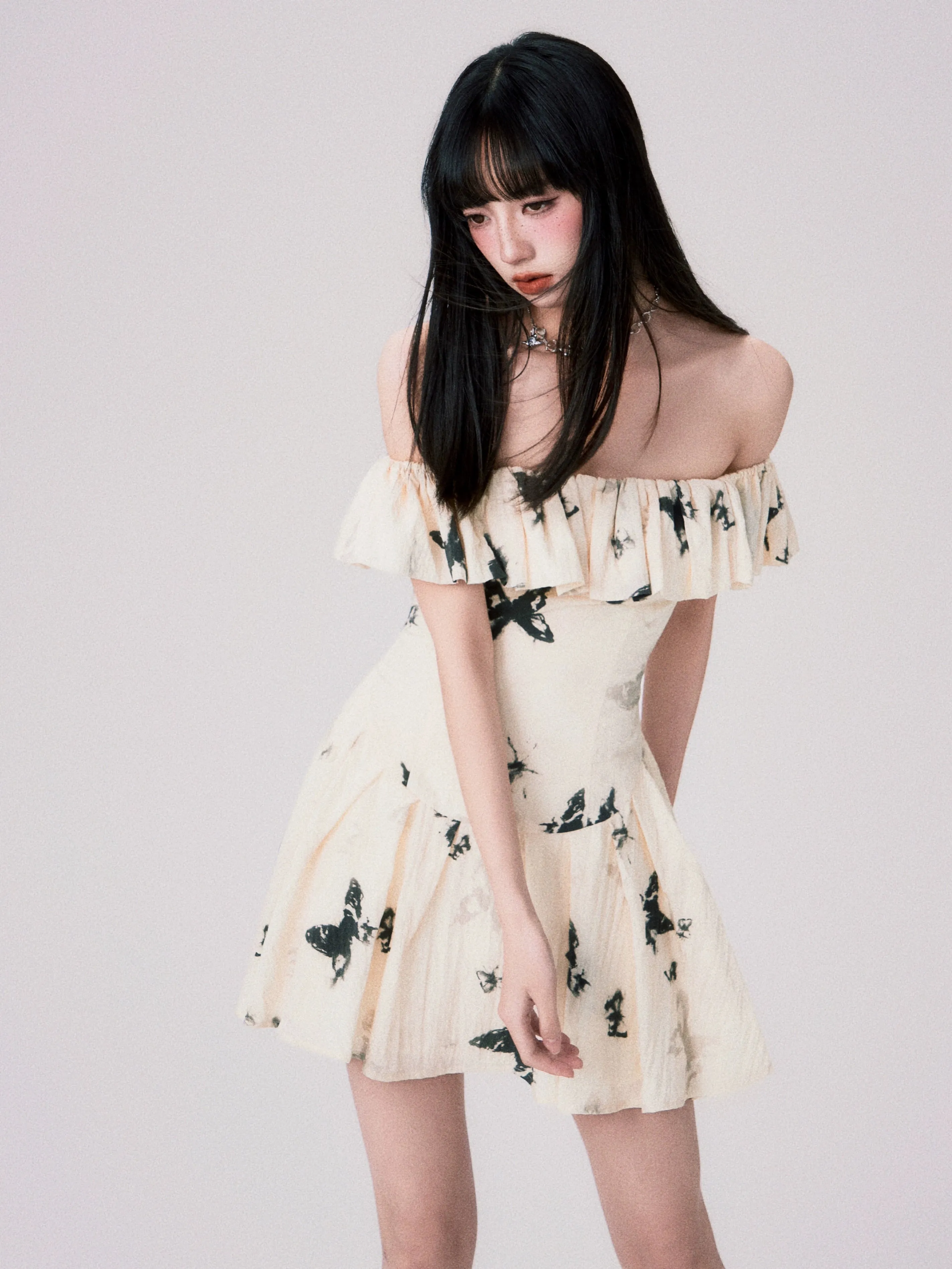 French Ink Butterfly Print Off-Shoulder Dress