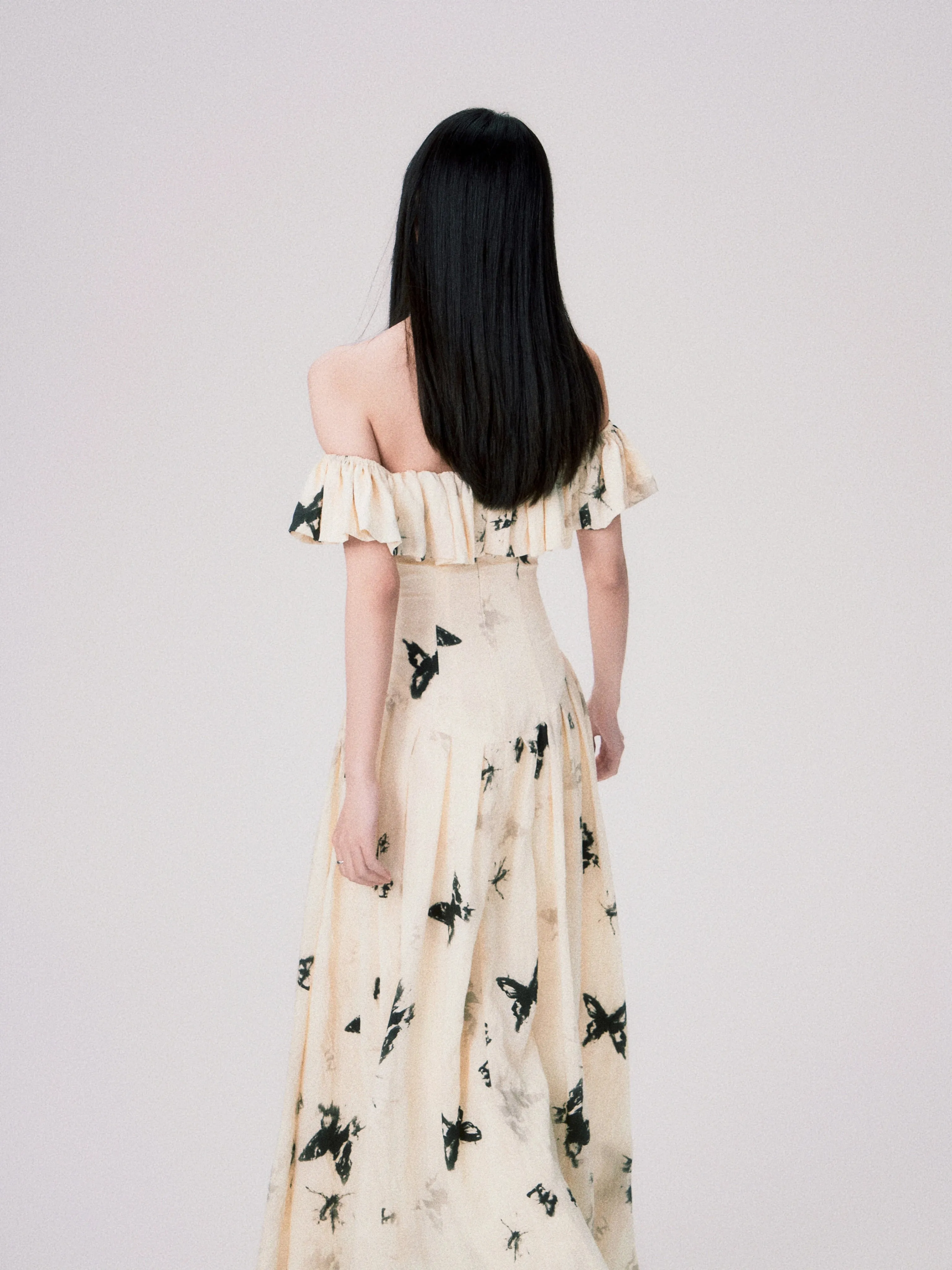 French Ink Butterfly Print Off-Shoulder Dress