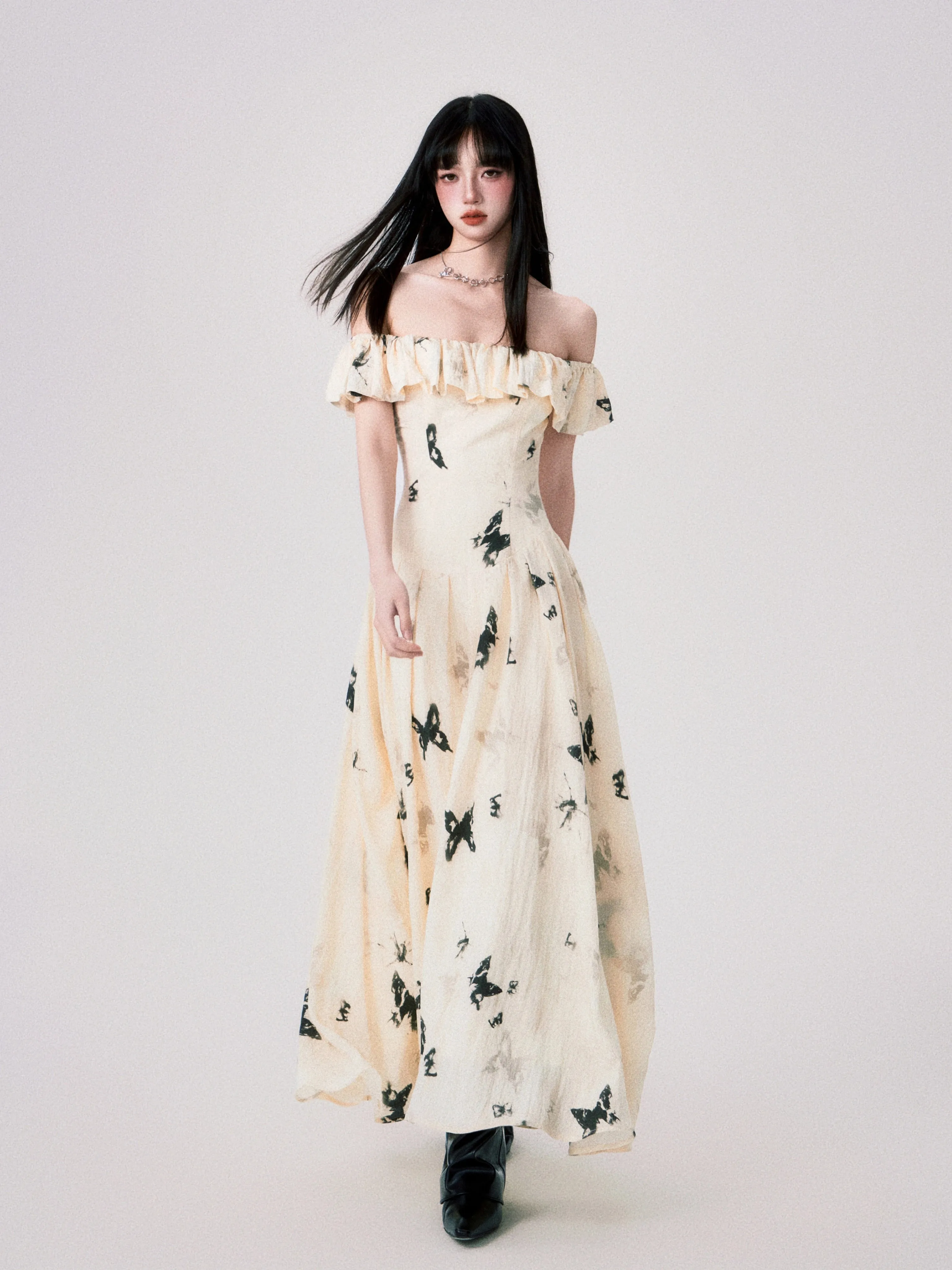 French Ink Butterfly Print Off-Shoulder Dress