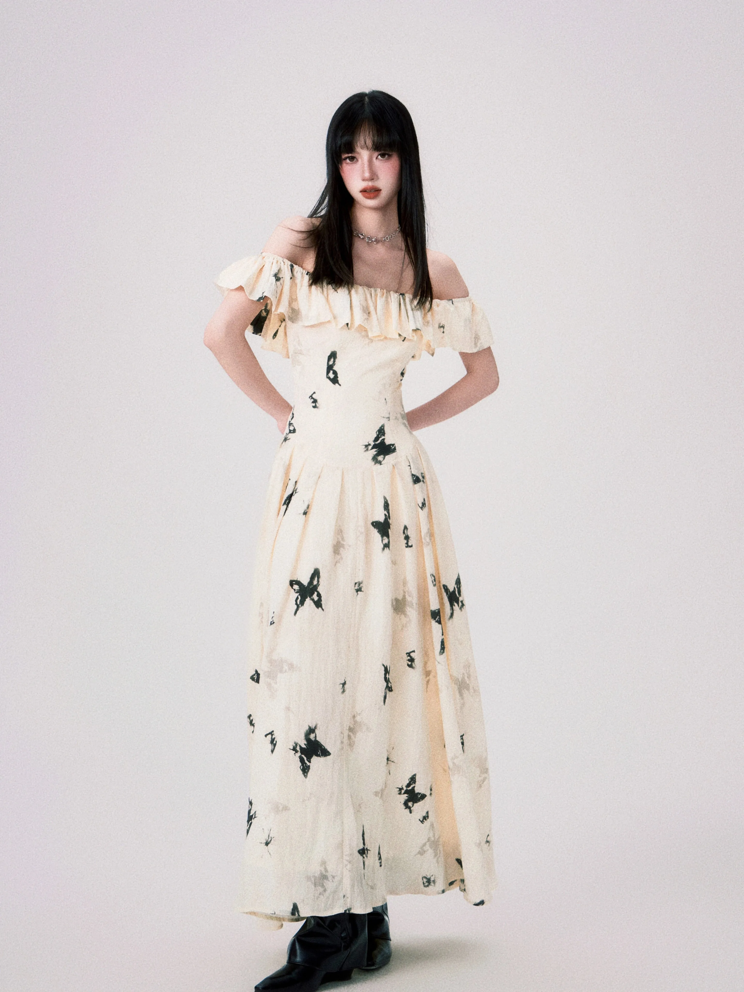 French Ink Butterfly Print Off-Shoulder Dress