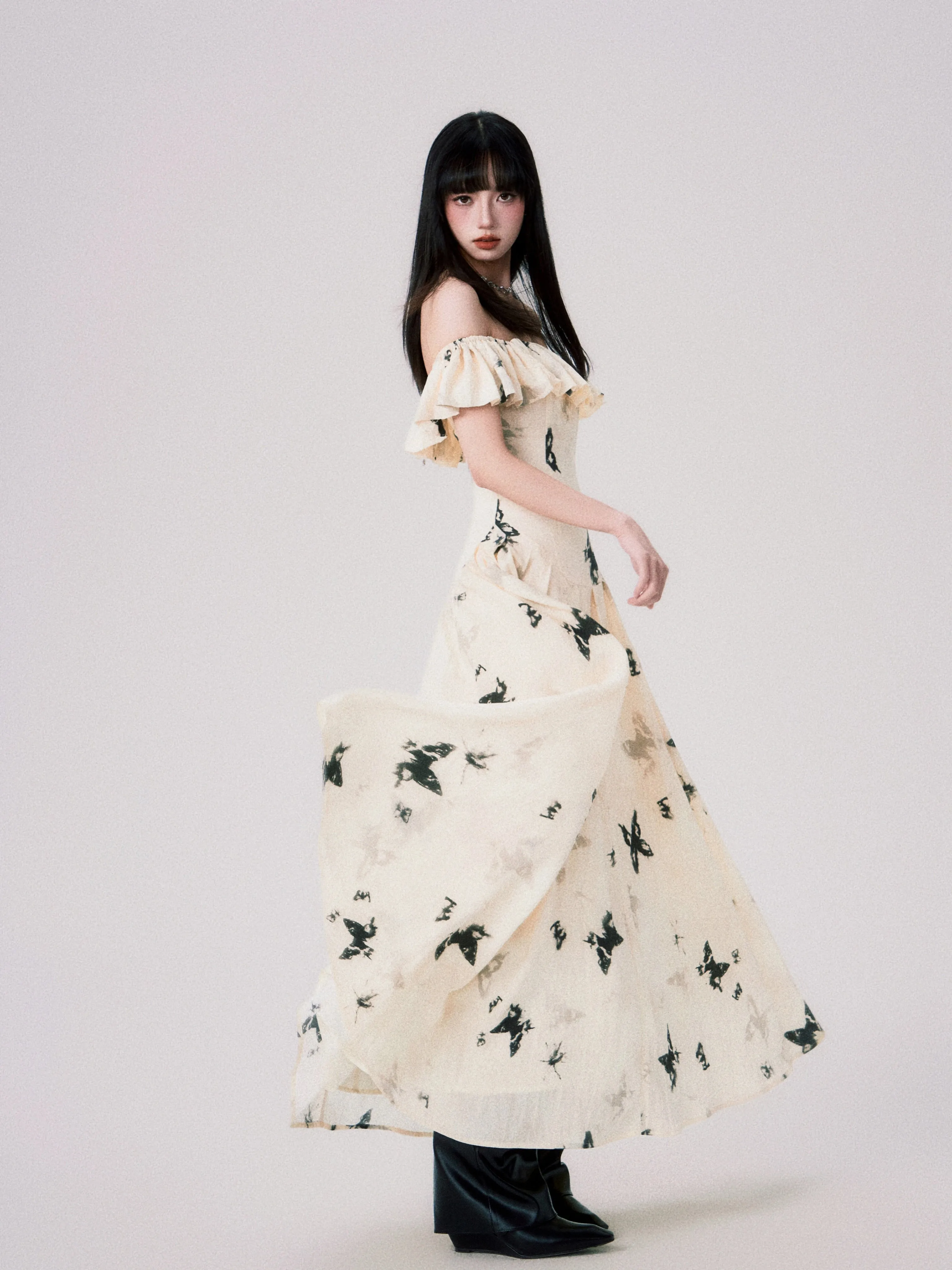 French Ink Butterfly Print Off-Shoulder Dress