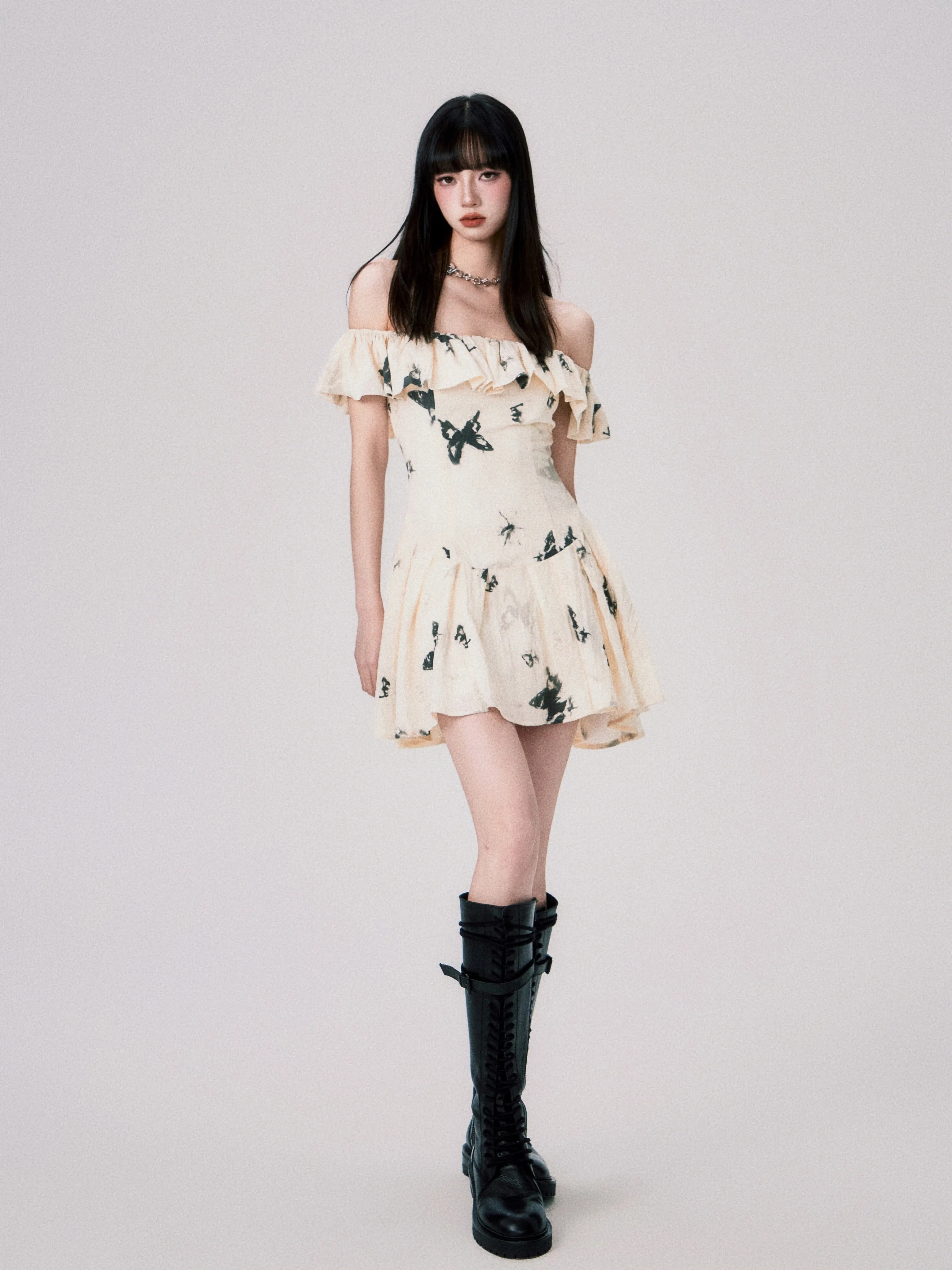 French Ink Butterfly Print Off-Shoulder Dress
