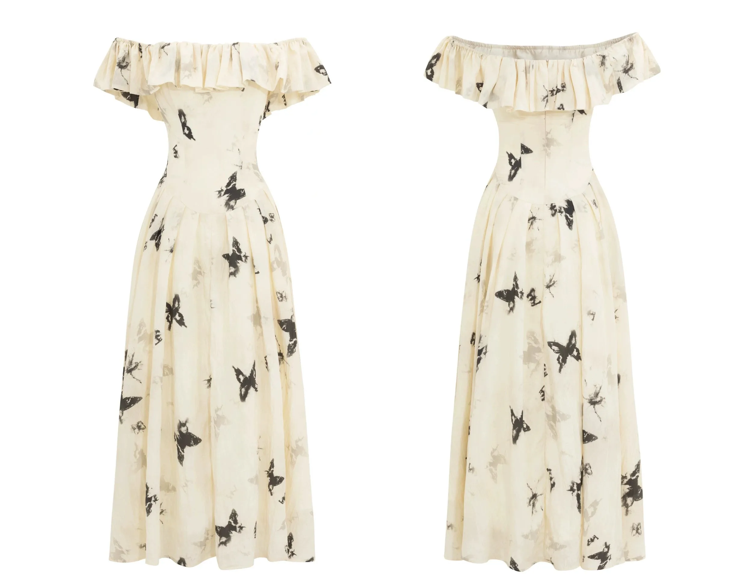 French Ink Butterfly Print Off-Shoulder Dress