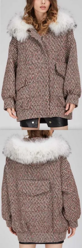 Fur-Hooded Multi Colored Short Wool Coat