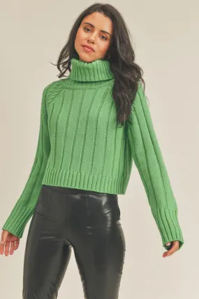 Green Cable Knit Turtleneck Sweater