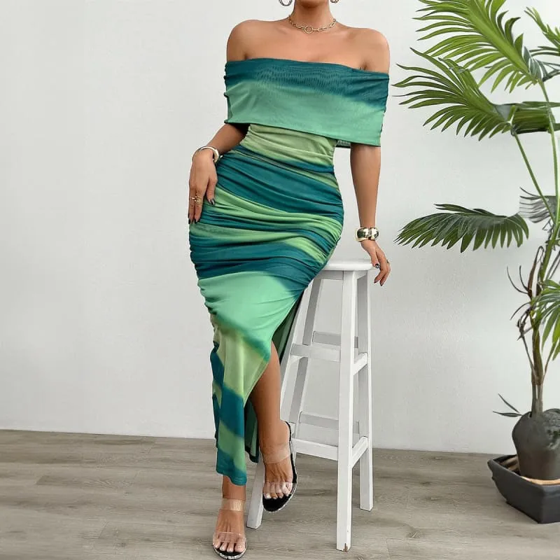 Green Strapless Bodycon Dress with Side Slit in Teal Shades