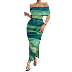 Green Strapless Bodycon Dress with Side Slit in Teal Shades