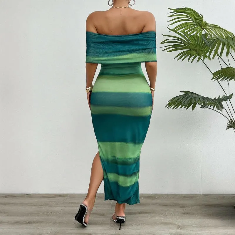 Green Strapless Bodycon Dress with Side Slit in Teal Shades