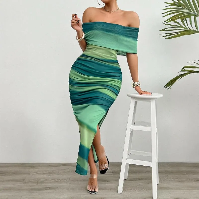 Green Strapless Bodycon Dress with Side Slit in Teal Shades