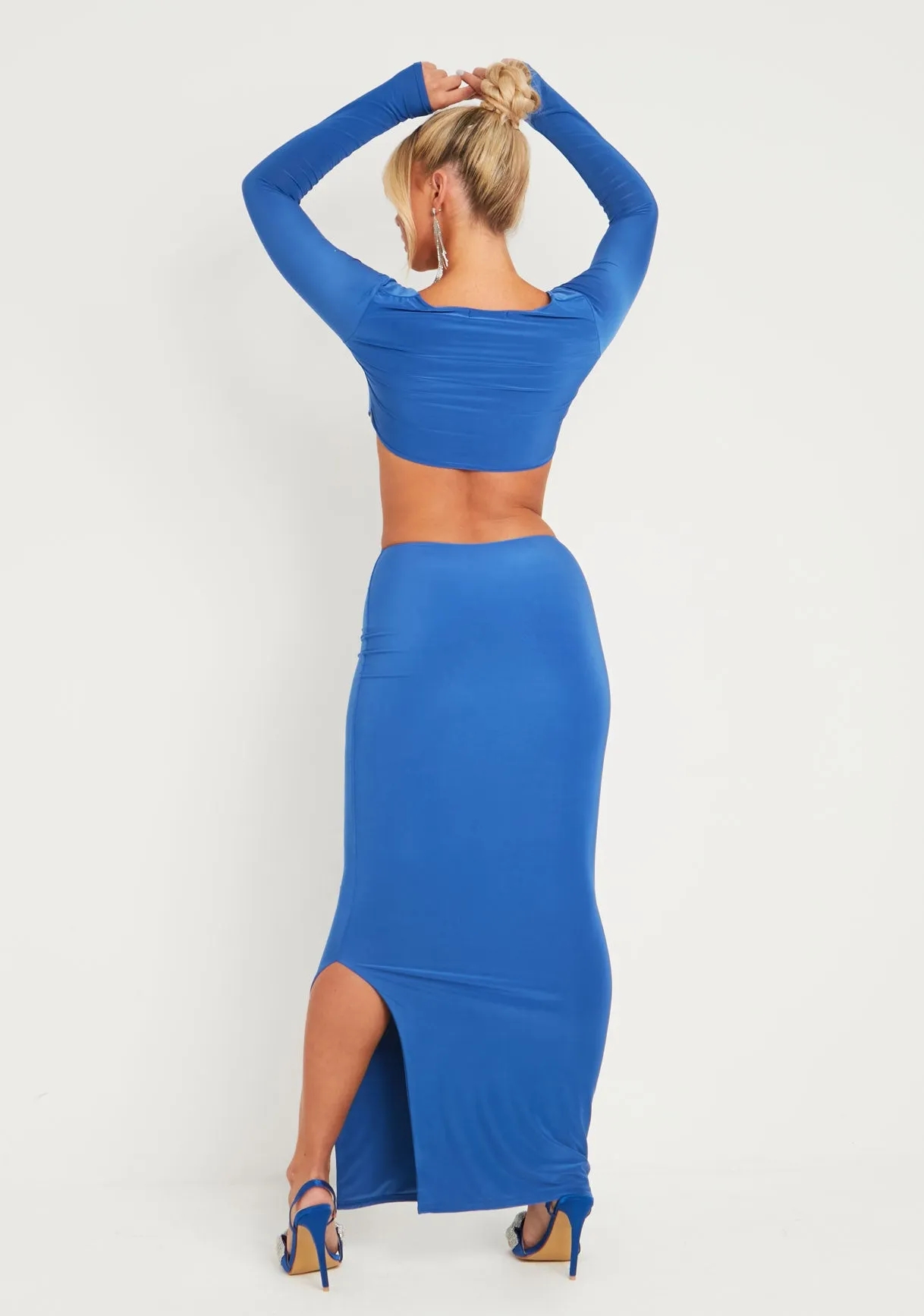Gypsi Cobalt Blue Double Layer Slinky Long Sleeve Cut Out Maxi Dress
