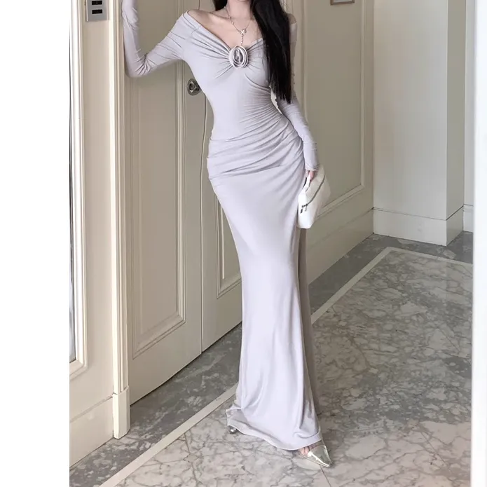 High Waist Floral Long Sleeve Slim Mermaid Dress