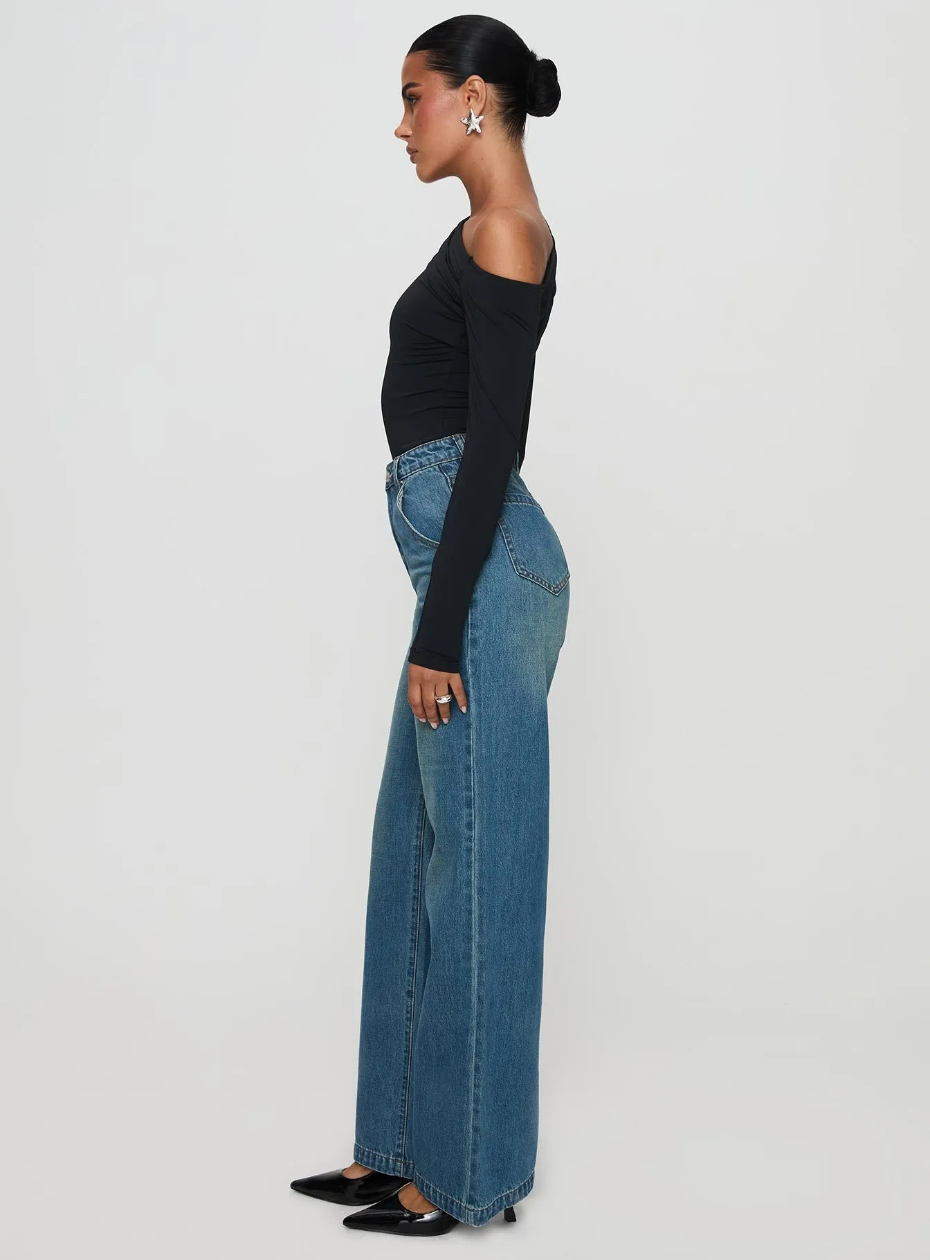 Hustler High Rise Straight Leg Denim Jean Washed Blue