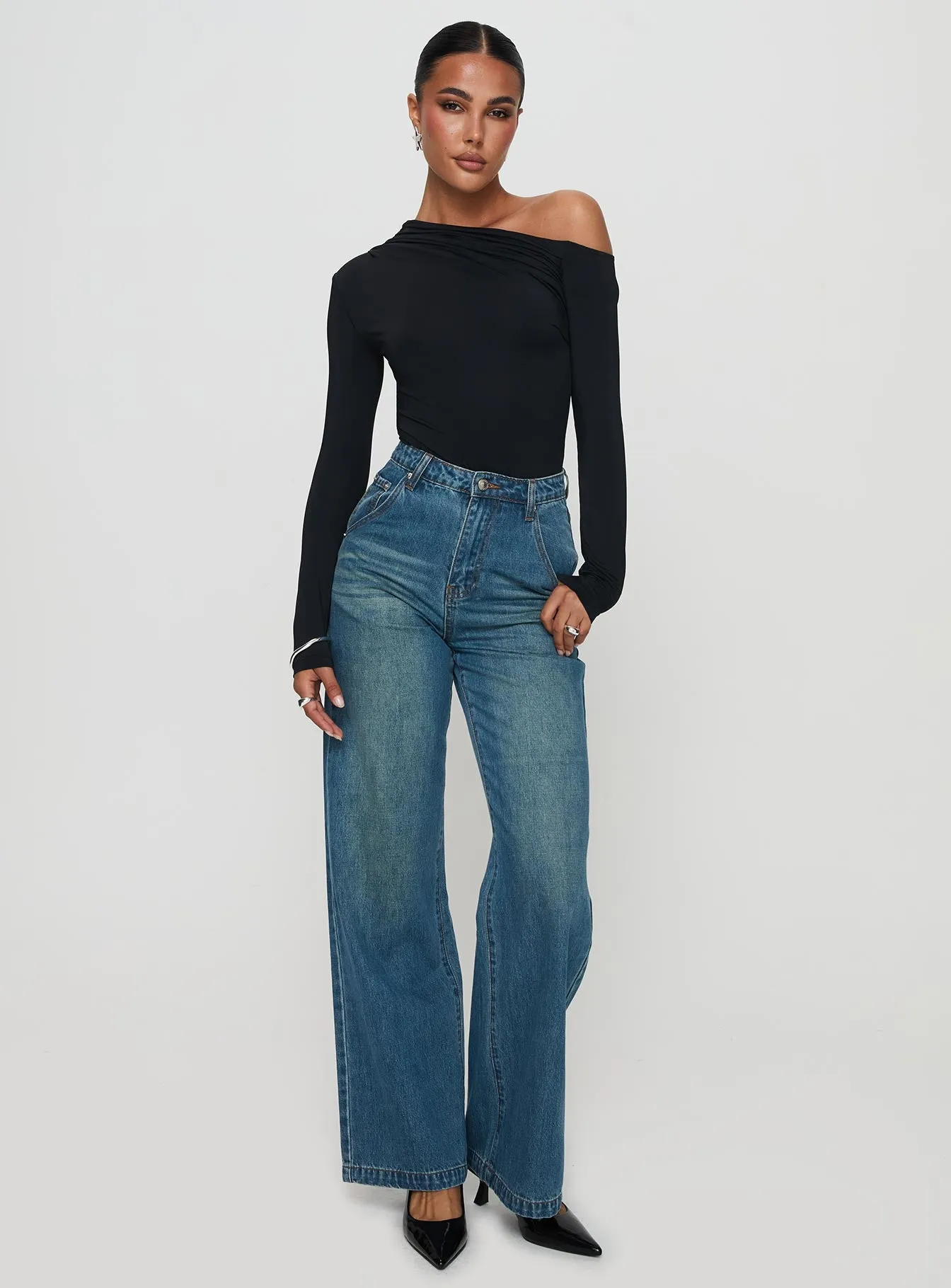 Hustler High Rise Straight Leg Denim Jean Washed Blue