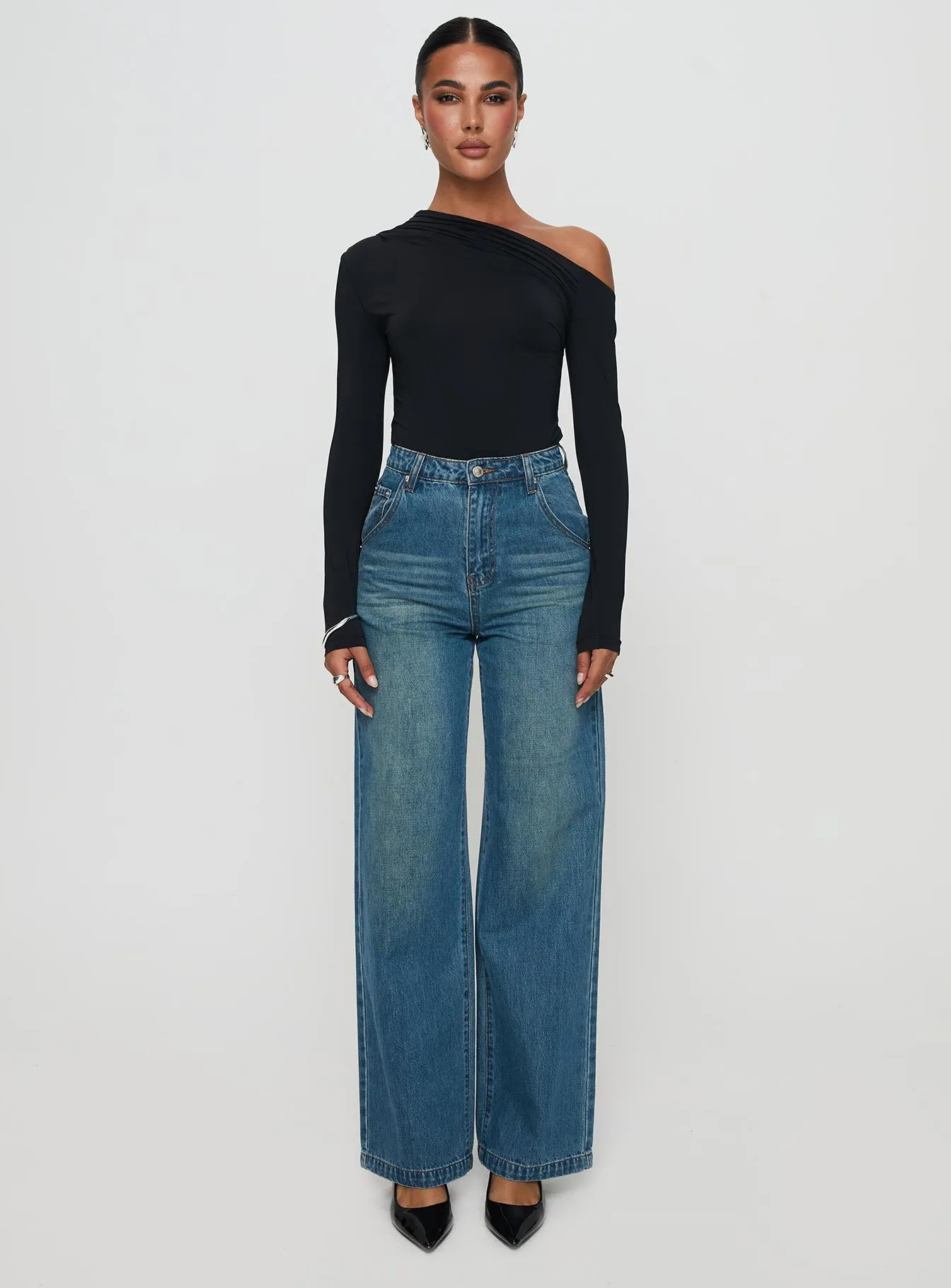 Hustler High Rise Straight Leg Denim Jean Washed Blue