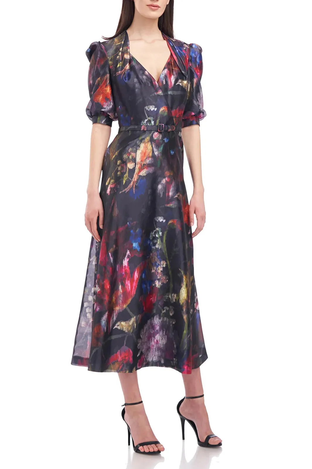 Kay Unger V-Neck Puffed Elbow Sleeve Belted Multi Print with Pockets Organza Dress