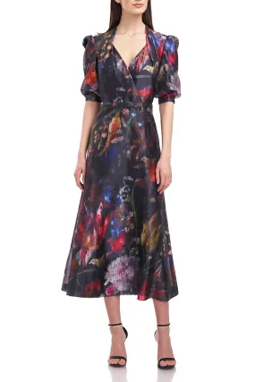 Kay Unger V-Neck Puffed Elbow Sleeve Belted Multi Print with Pockets Organza Dress