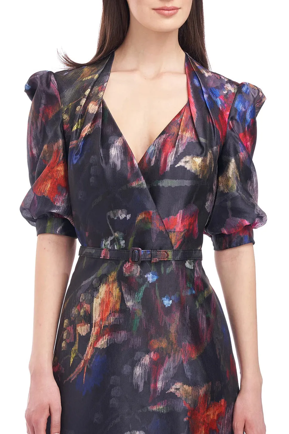 Kay Unger V-Neck Puffed Elbow Sleeve Belted Multi Print with Pockets Organza Dress
